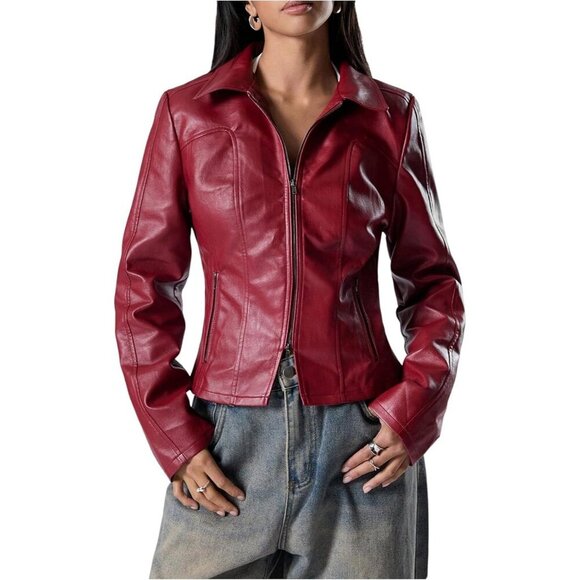 Jackets & Blazers - Women's Cropped Faux Leather Jacket Long Sleeve Zip Up Vintage Biker Burgundy